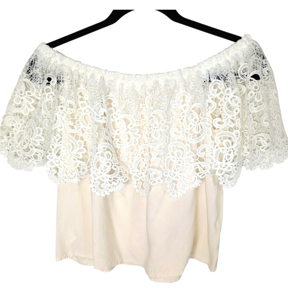 Vintage Love J Cream Off The Shoulder Floral Lace Overlay Boho Top Medium